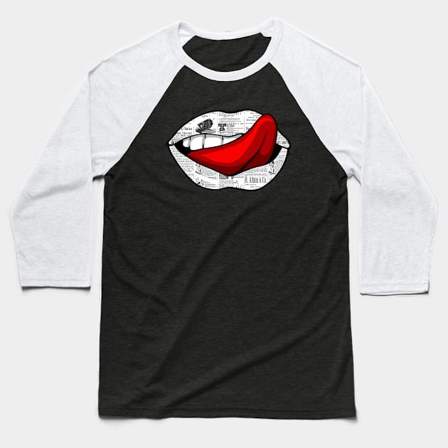 Artistic Abstract Newspaper Pattern Lips with Red Tongue - by Iskybibblle Baseball T-Shirt by iskybibblle